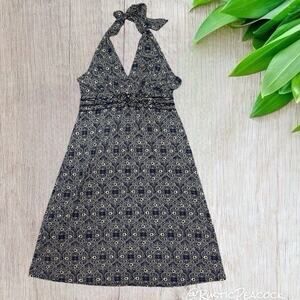 Bcbgmaxazria Halter Dress Women's Large Blue White Boho Floral Stretchy Tie Nape